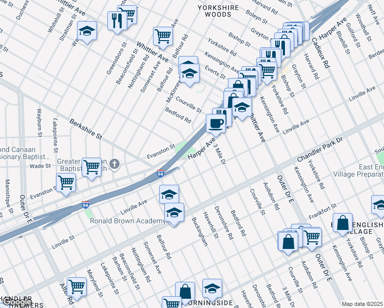 map of restaurants, bars, coffee shops, grocery stores, and more near 16121 Harper Avenue in Detroit
