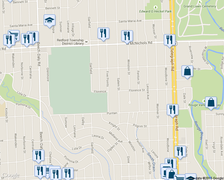 map of restaurants, bars, coffee shops, grocery stores, and more near 16500 5 Points Street in Redford Charter Township