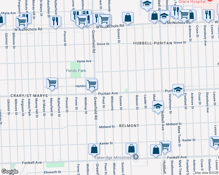 map of restaurants, bars, coffee shops, grocery stores, and more near 16136 Prest Street in Detroit