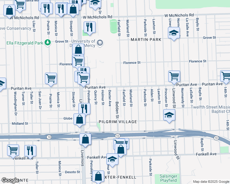 map of restaurants, bars, coffee shops, grocery stores, and more near 15919 Belden Street in Detroit