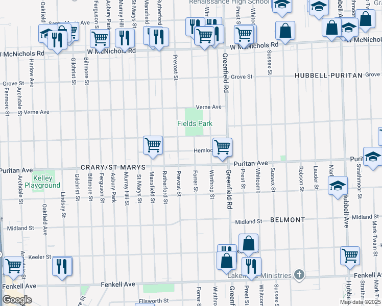 map of restaurants, bars, coffee shops, grocery stores, and more near 16149 Forrer Street in Detroit