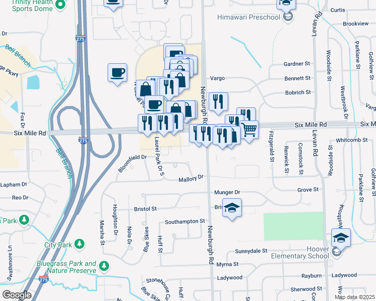 map of restaurants, bars, coffee shops, grocery stores, and more near 37799 Professional Center Drive in Livonia