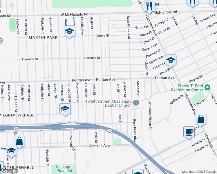 map of restaurants, bars, coffee shops, grocery stores, and more near 15916 Inverness Street in Detroit