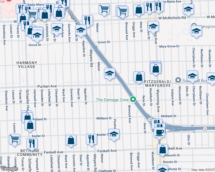 map of restaurants, bars, coffee shops, grocery stores, and more near 10655 Puritan Avenue in Detroit