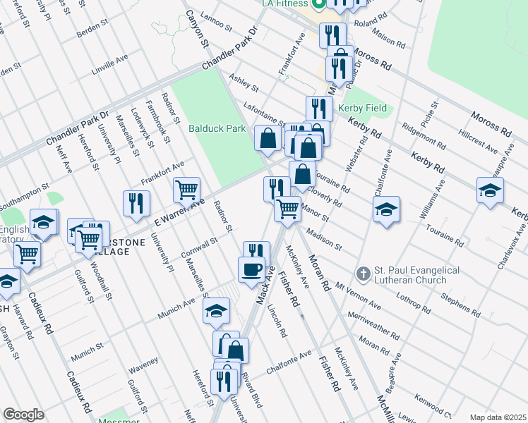 map of restaurants, bars, coffee shops, grocery stores, and more near 4831 Canyon Street in Grosse Pointe