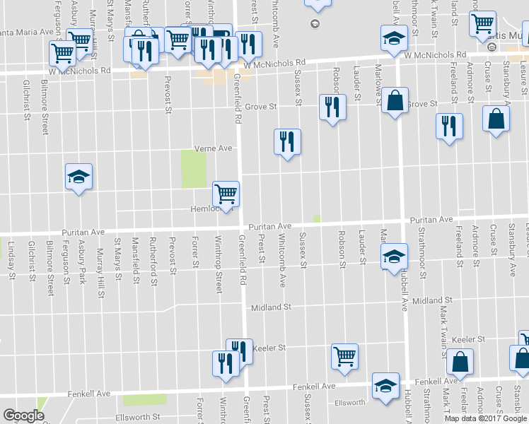 map of restaurants, bars, coffee shops, grocery stores, and more near 16136 Prest Street in Detroit