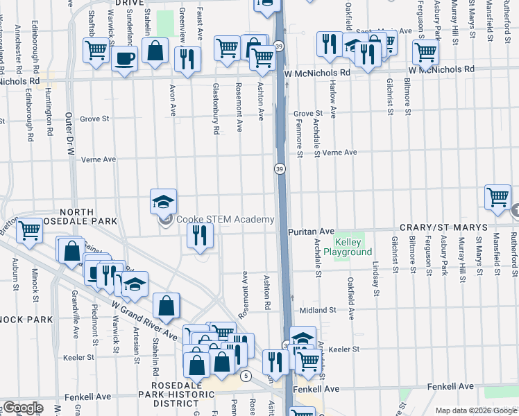 map of restaurants, bars, coffee shops, grocery stores, and more near 16171 Ashton Avenue in Detroit