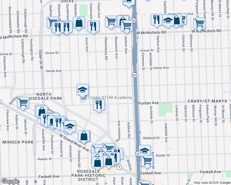 map of restaurants, bars, coffee shops, grocery stores, and more near 16175 Rosemont Avenue in Detroit