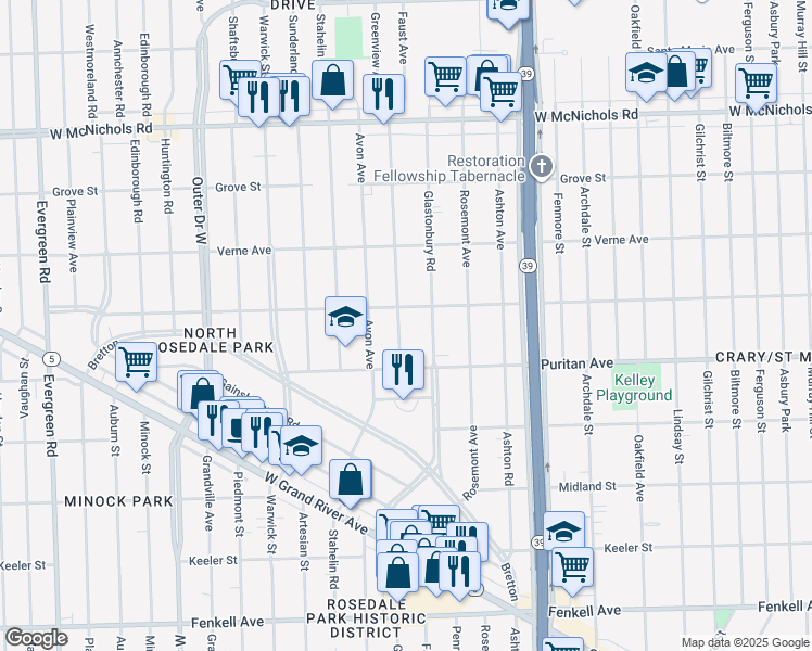 map of restaurants, bars, coffee shops, grocery stores, and more near 16185 Glastonbury Road in Detroit