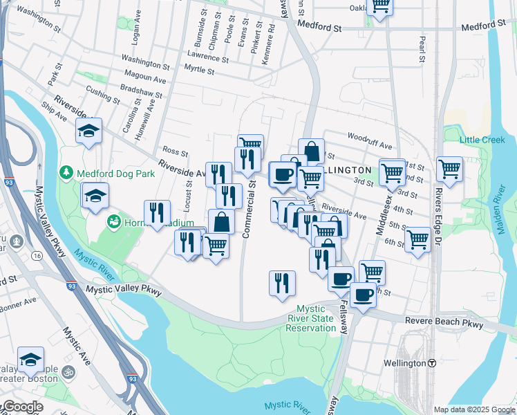 map of restaurants, bars, coffee shops, grocery stores, and more near 30 Commercial Street in Medford