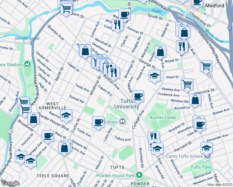 map of restaurants, bars, coffee shops, grocery stores, and more near 389 Boston Avenue in Medford