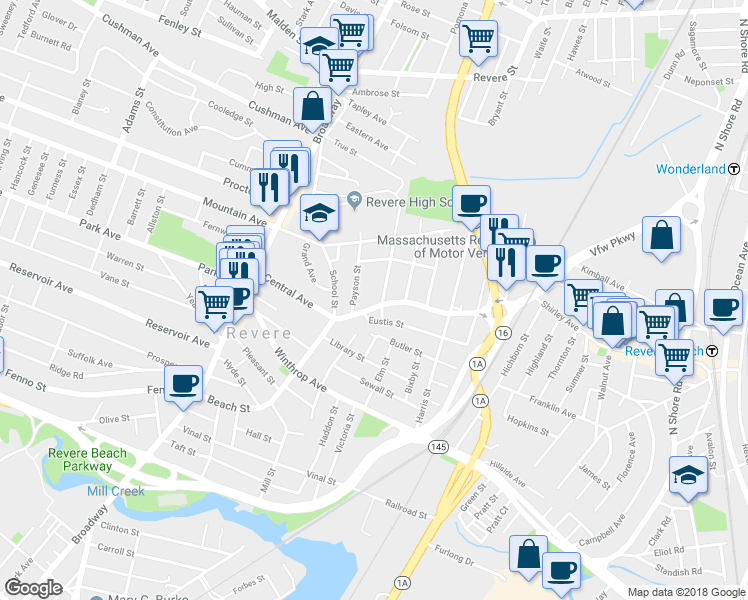 map of restaurants, bars, coffee shops, grocery stores, and more near 270 Beach St in Revere