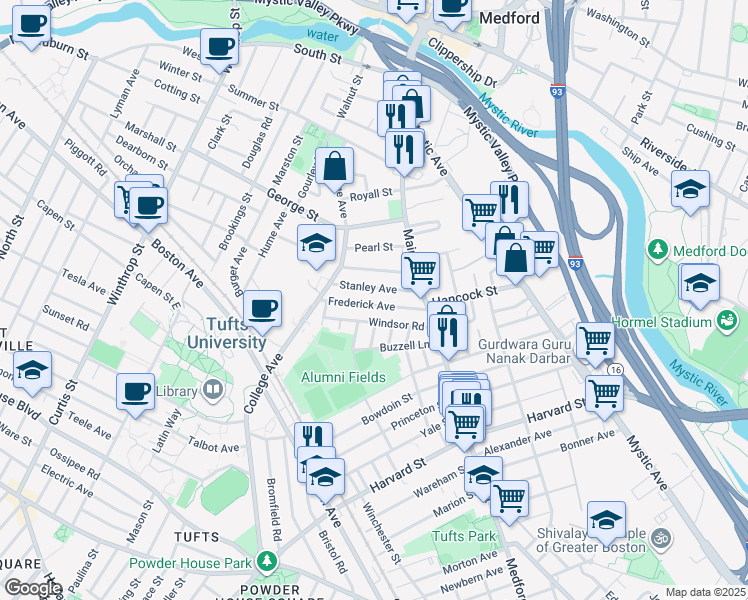 map of restaurants, bars, coffee shops, grocery stores, and more near 61 Frederick Avenue in Medford