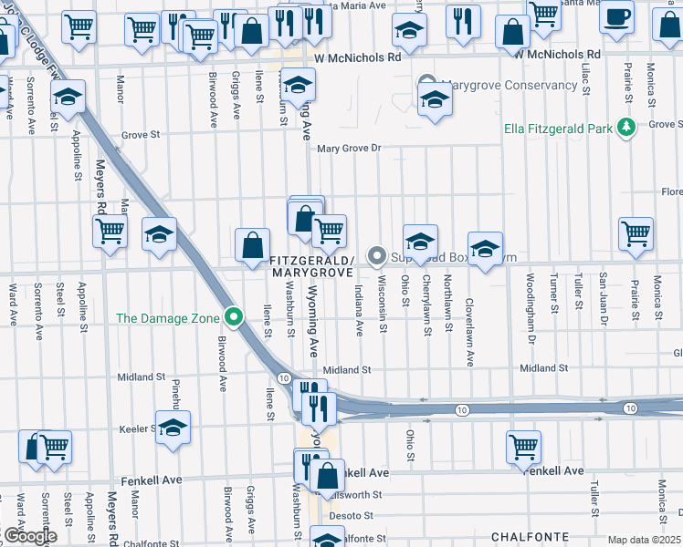 map of restaurants, bars, coffee shops, grocery stores, and more near 8845 Puritan Avenue in Detroit