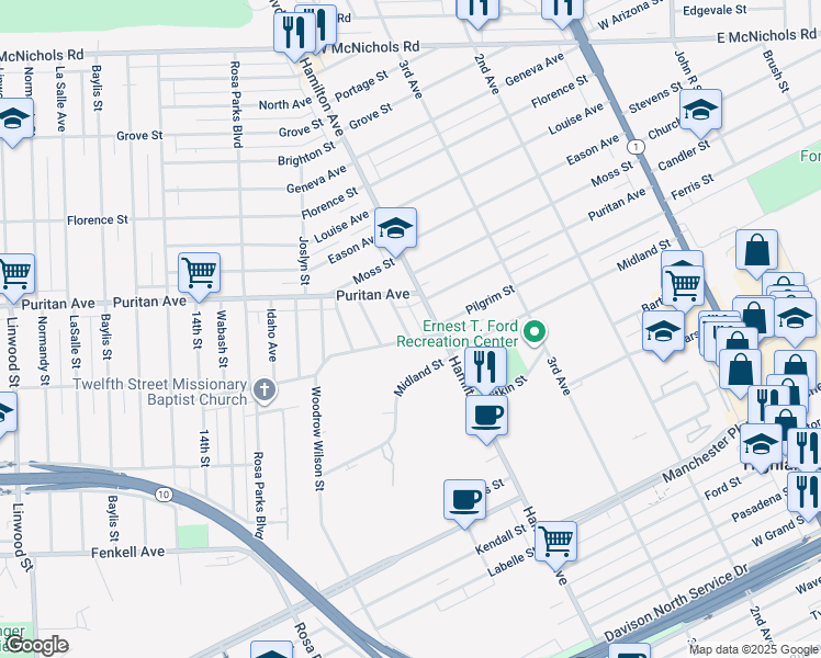 map of restaurants, bars, coffee shops, grocery stores, and more near 16016 Curwood Street in Highland Park
