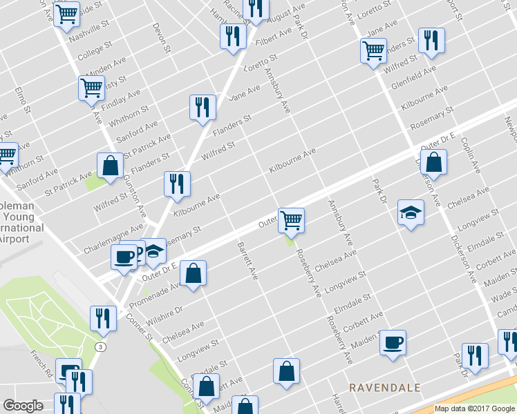 map of restaurants, bars, coffee shops, grocery stores, and more near 12094 Rosemary Street in Detroit