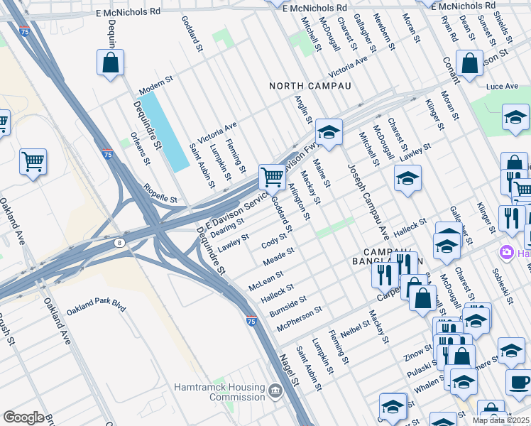 map of restaurants, bars, coffee shops, grocery stores, and more near 2096 Dearing Street in Hamtramck