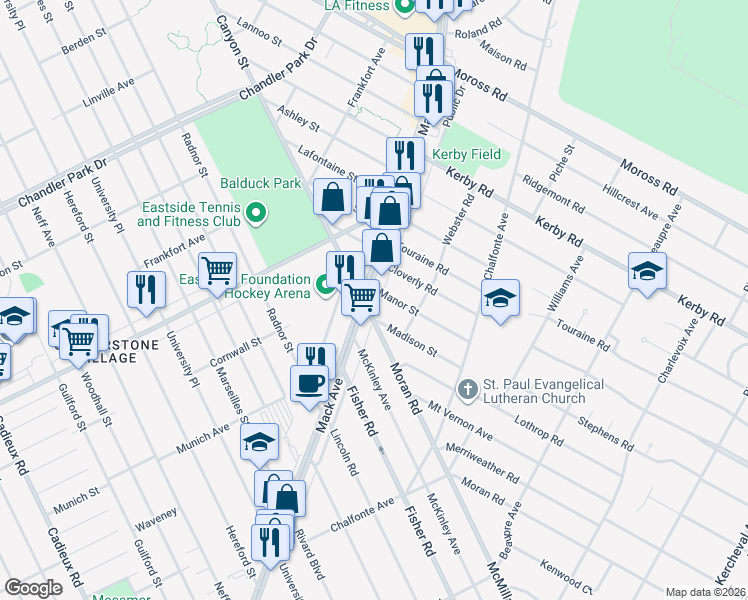 map of restaurants, bars, coffee shops, grocery stores, and more near 18416 Mack Avenue in Grosse Pointe Farms