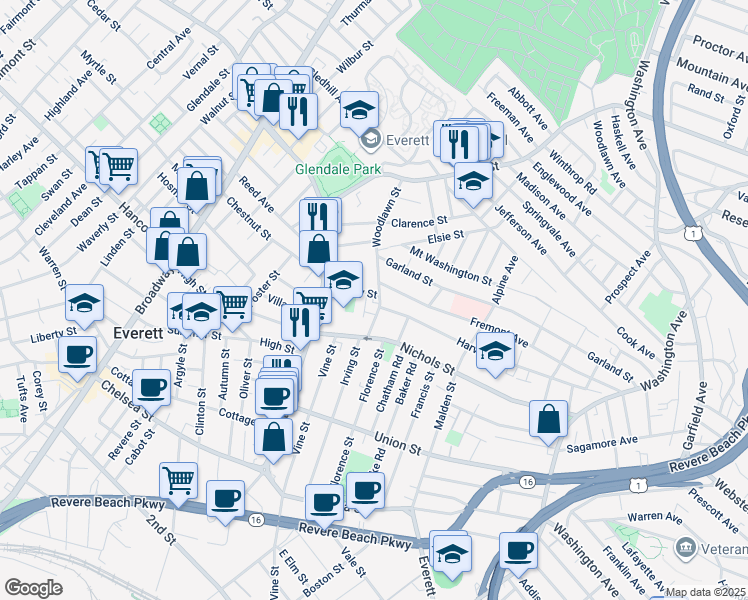 map of restaurants, bars, coffee shops, grocery stores, and more near 39 Woodlawn Street in Everett