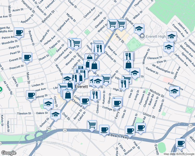 map of restaurants, bars, coffee shops, grocery stores, and more near 46 High Street in Everett