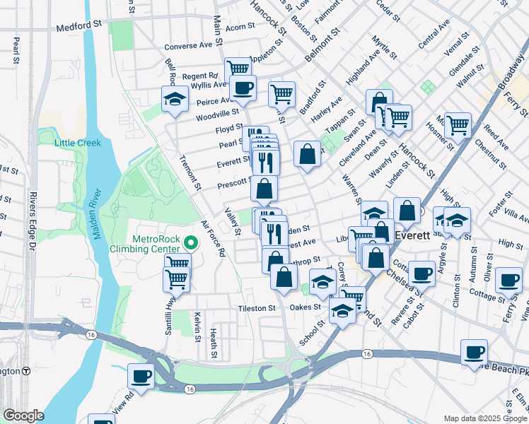 map of restaurants, bars, coffee shops, grocery stores, and more near 254 Main Street in Everett