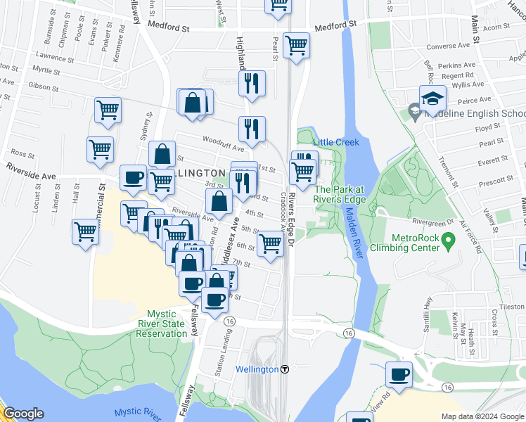 map of restaurants, bars, coffee shops, grocery stores, and more near 35 4th Street in Medford