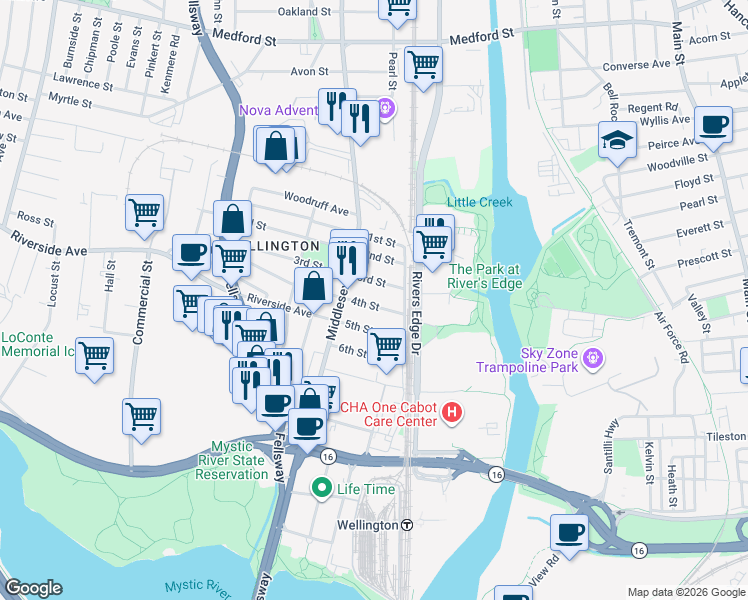 map of restaurants, bars, coffee shops, grocery stores, and more near 35 4th Street in Medford