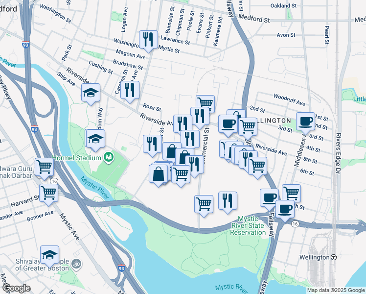 map of restaurants, bars, coffee shops, grocery stores, and more near 34 Linden Street in Medford