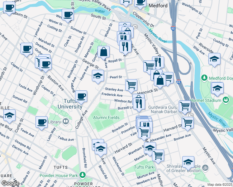 map of restaurants, bars, coffee shops, grocery stores, and more near 61 Frederick Avenue in Medford