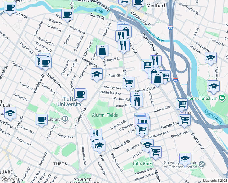 map of restaurants, bars, coffee shops, grocery stores, and more near 61 Frederick Avenue in Medford