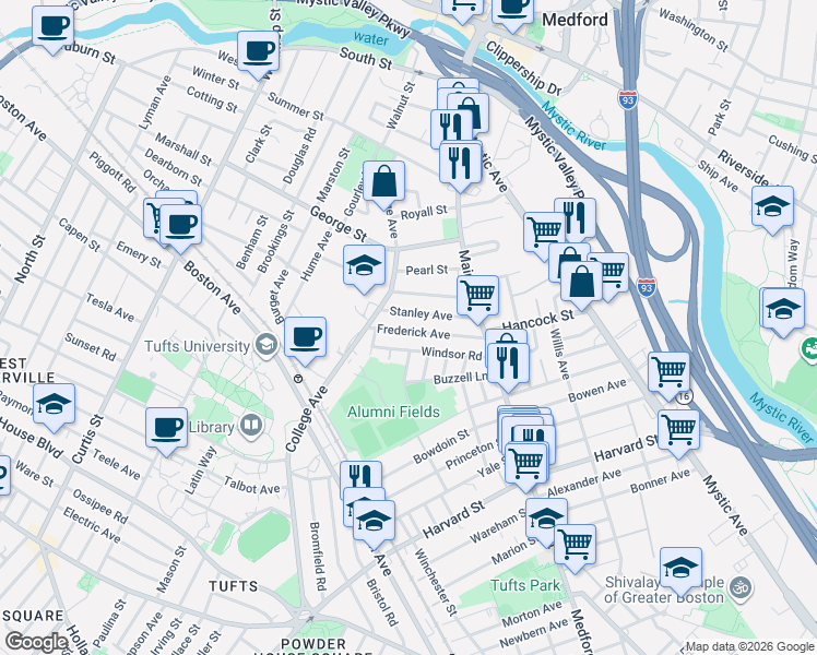 map of restaurants, bars, coffee shops, grocery stores, and more near 61 Frederick Avenue in Medford