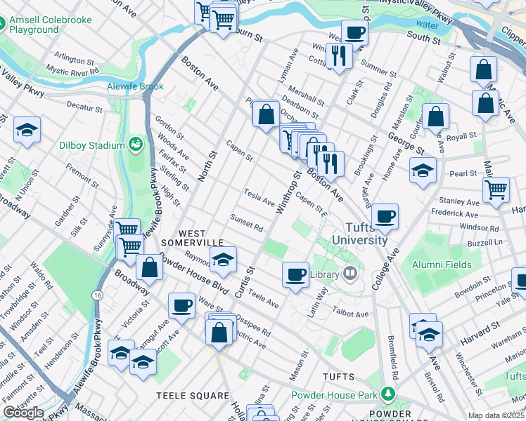 map of restaurants, bars, coffee shops, grocery stores, and more near 20 Tesla Avenue in Medford
