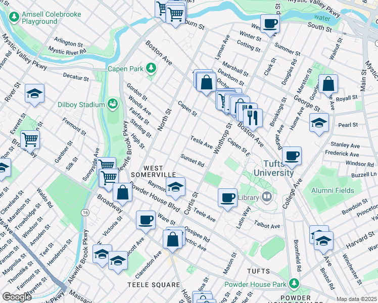 map of restaurants, bars, coffee shops, grocery stores, and more near 48 Upland Road in Somerville