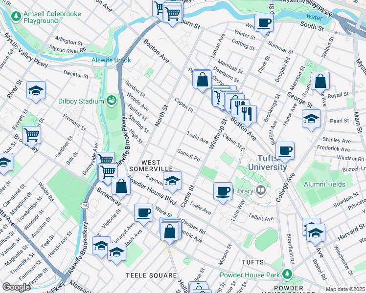 map of restaurants, bars, coffee shops, grocery stores, and more near 48 Upland Road in Somerville