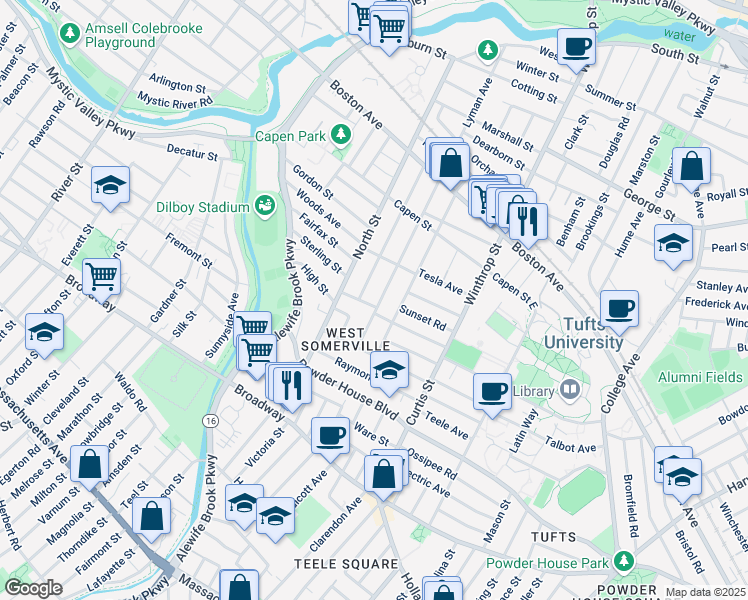 map of restaurants, bars, coffee shops, grocery stores, and more near 106 Adams Street in Somerville