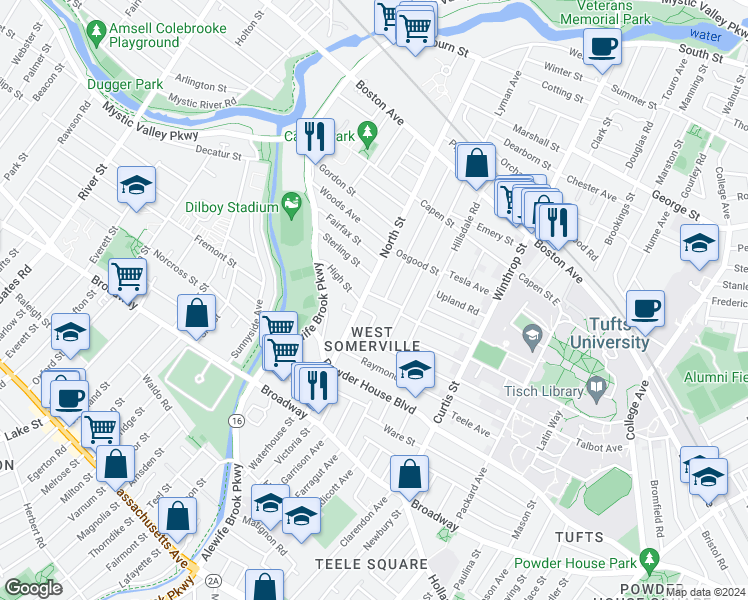 map of restaurants, bars, coffee shops, grocery stores, and more near 121 North Street in Somerville