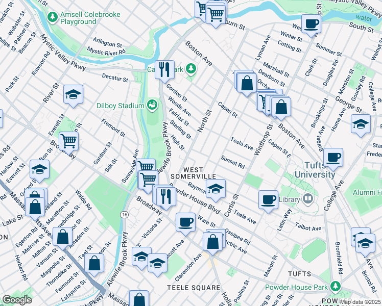 map of restaurants, bars, coffee shops, grocery stores, and more near 121 North Street in Somerville