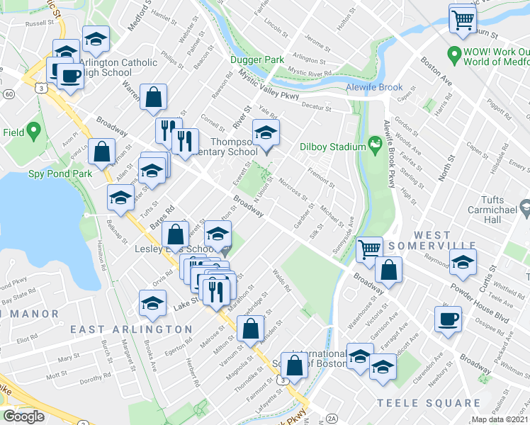 map of restaurants, bars, coffee shops, grocery stores, and more near 88 Broadway in Arlington