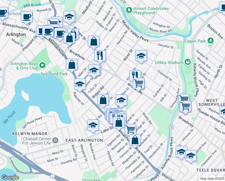 map of restaurants, bars, coffee shops, grocery stores, and more near 80 Everett Street in Arlington