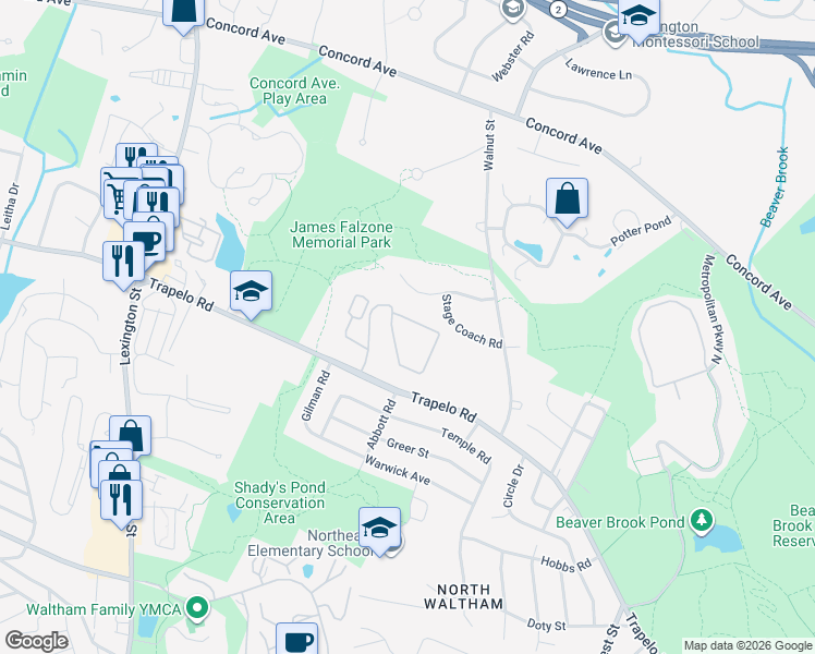 map of restaurants, bars, coffee shops, grocery stores, and more near 204 Clocktower Drive in Waltham