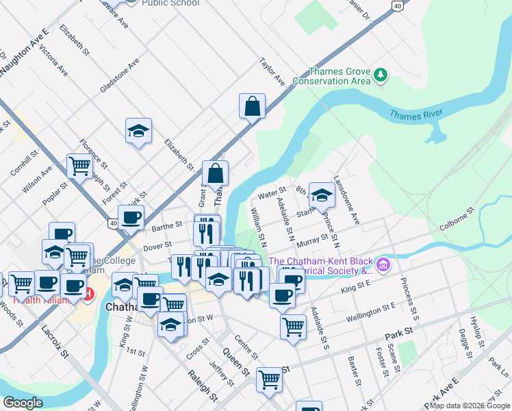 map of restaurants, bars, coffee shops, grocery stores, and more near 136 William Street North in Chatham