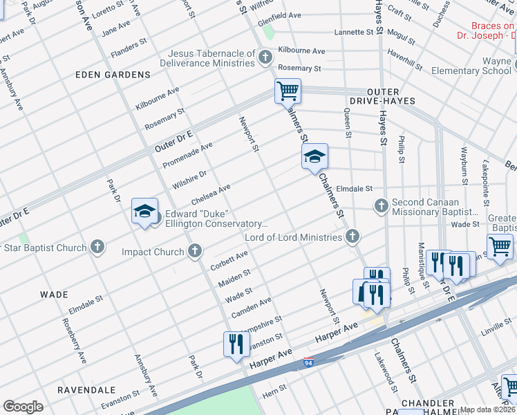 map of restaurants, bars, coffee shops, grocery stores, and more near 13376 Longview St in Detroit