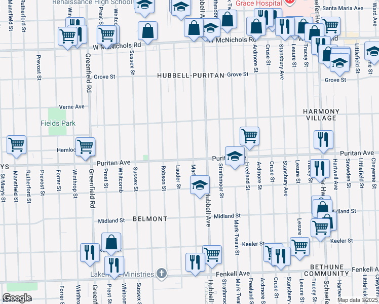 map of restaurants, bars, coffee shops, grocery stores, and more near 16126 Marlowe Street in Detroit