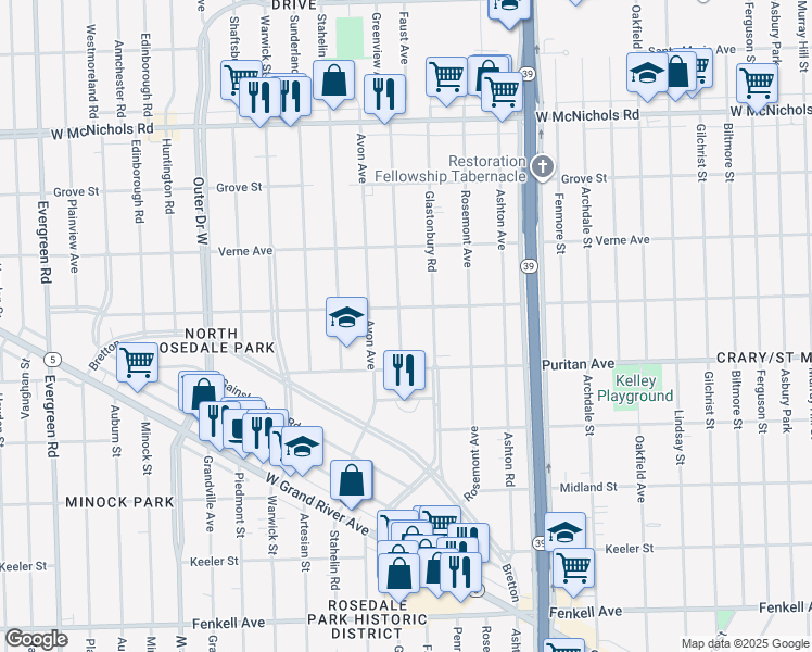map of restaurants, bars, coffee shops, grocery stores, and more near 16185 Glastonbury Road in Detroit