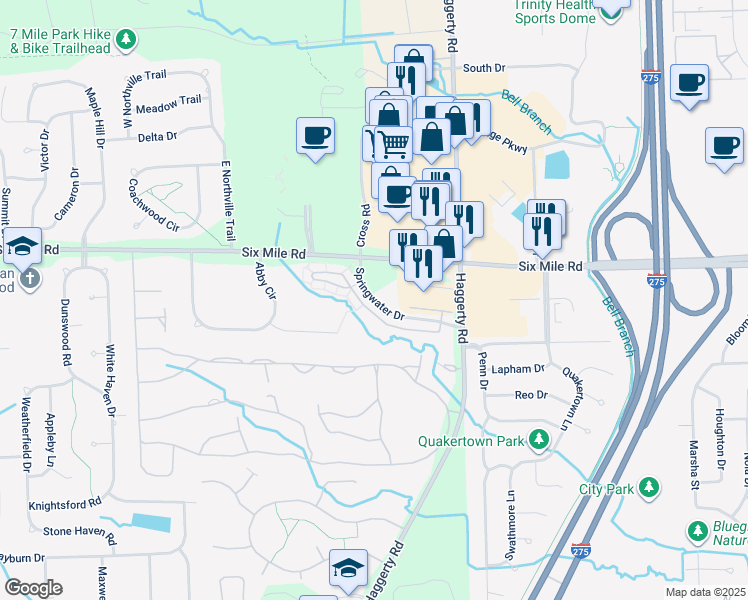 map of restaurants, bars, coffee shops, grocery stores, and more near 39671 Springwater Drive in Northville