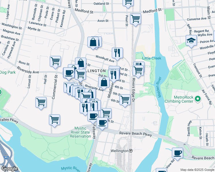 map of restaurants, bars, coffee shops, grocery stores, and more near 56 4th Street in Medford