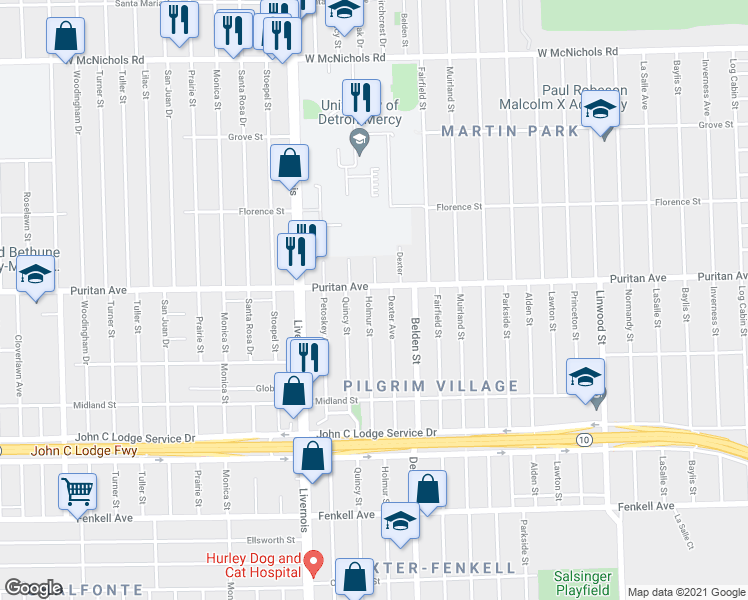 map of restaurants, bars, coffee shops, grocery stores, and more near 15922 Holmur Street in Detroit