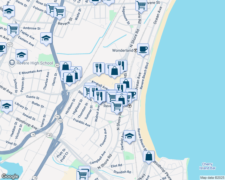 map of restaurants, bars, coffee shops, grocery stores, and more near 110 Kimball Avenue in Revere