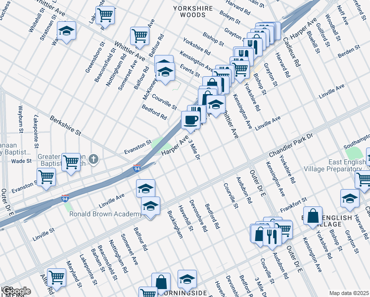 map of restaurants, bars, coffee shops, grocery stores, and more near 5960 Bedford Street in Detroit