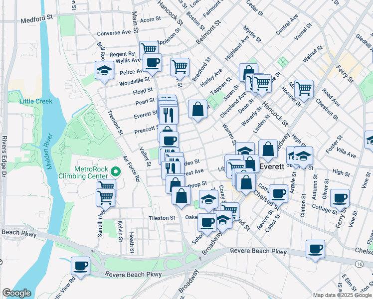 map of restaurants, bars, coffee shops, grocery stores, and more near 74 Baldwin Avenue in Everett